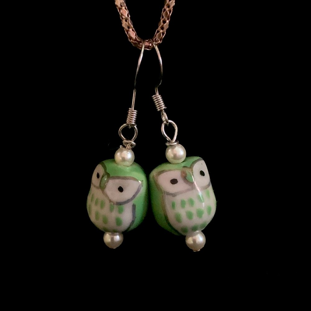 Owl Dangle Pierced Earrings Green  Ceramic Bead Silver Tone Handmade Handcrafted